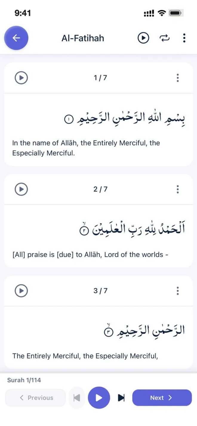 Al-Fatihah recitation with word-by-word translation